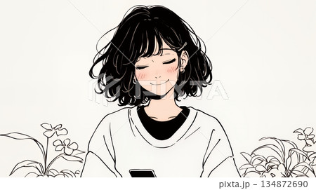 楽しそうにスマホ画面を眺めている若い女性（シンプルな色使い）