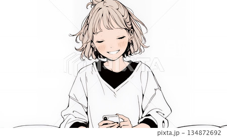 楽しそうにスマホ画面を眺めている若い女性（シンプルな色使い）