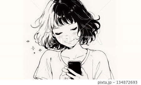 楽しそうにスマホ画面を眺めている若い女性（シンプルな色使い）