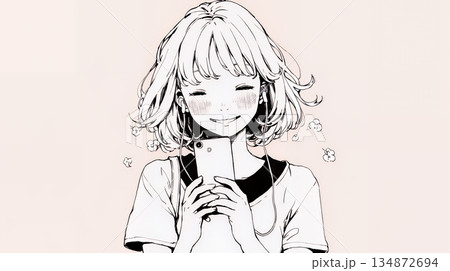 楽しそうにスマホ画面を眺めている若い女性（シンプルな色使い）