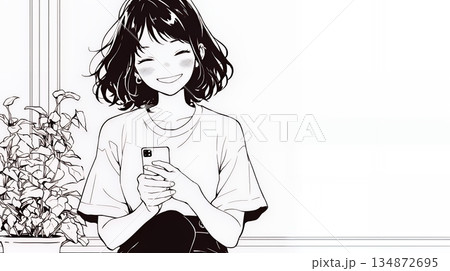 楽しそうにスマホ画面を眺めている若い女性（シンプルな色使い）