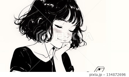 楽しそうにスマホ画面を眺めている若い女性（シンプルな色使い）