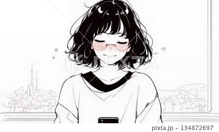 楽しそうにスマホ画面を眺めている若い女性（シンプルな色使い）