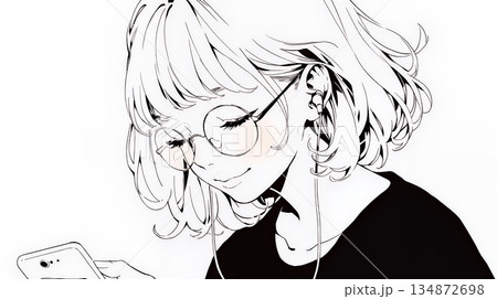 楽しそうにスマホ画面を眺めている若い女性（シンプルな色使い）