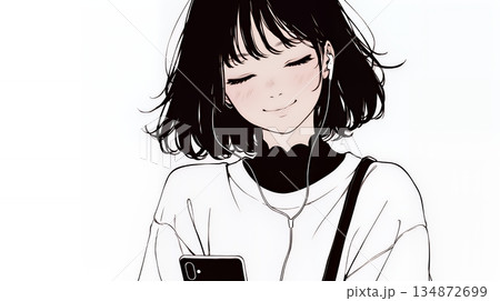 楽しそうにスマホ画面を眺めている若い女性（シンプルな色使い）