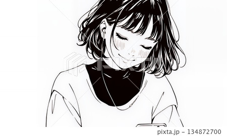 楽しそうにスマホ画面を眺めている若い女性（シンプルな色使い）