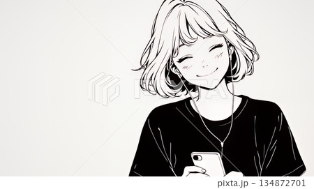 楽しそうにスマホ画面を眺めている若い女性（シンプルな色使い）