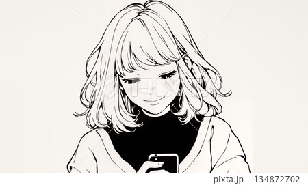 楽しそうにスマホ画面を眺めている若い女性（シンプルな色使い）