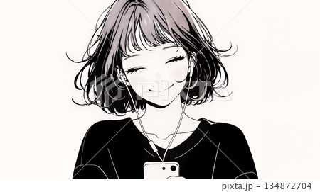 楽しそうにスマホ画面を眺めている若い女性（シンプルな色使い）