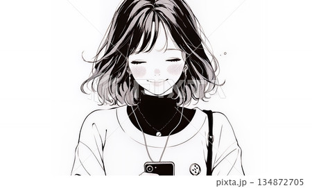 楽しそうにスマホ画面を眺めている若い女性（シンプルな色使い）