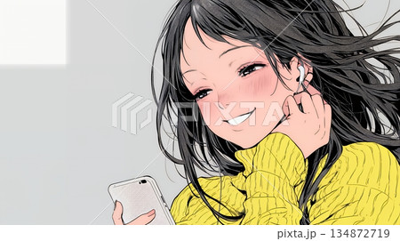 楽しそうにスマホ画面を眺めている若い女性