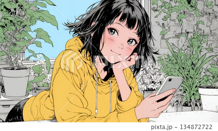 楽しそうにスマホ画面を眺めている若い女性