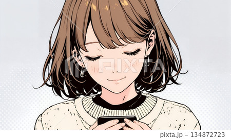 楽しそうにスマホ画面を眺めている若い女性