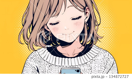 楽しそうにスマホ画面を眺めている若い女性