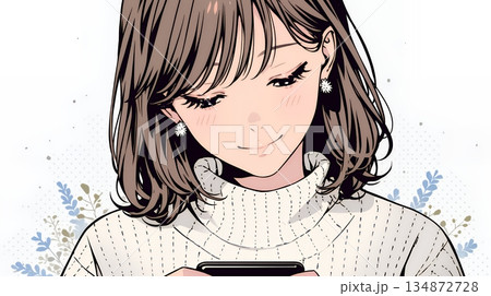 楽しそうにスマホ画面を眺めている若い女性