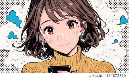 楽しそうにスマホ画面を眺めている若い女性