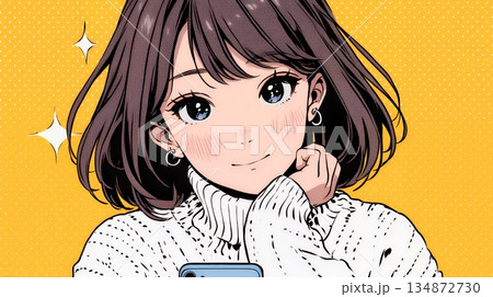 楽しそうにスマホ画面を眺めている若い女性