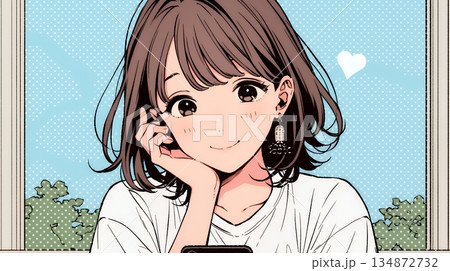 楽しそうにスマホ画面を眺めている若い女性