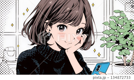 楽しそうにスマホ画面を眺めている若い女性