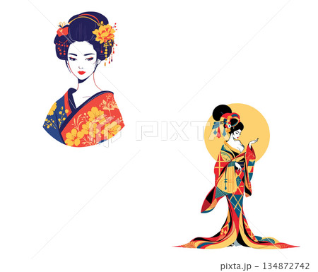 Vsai japanese women wearing traditional kimono and elaborate hairstyles 134872742