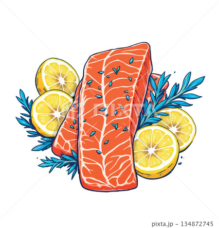 Vsai salmon fillets with lemon slices and rosemary illustration Vsai salmon fillets with lemon slices and rosemary illustration 134872745