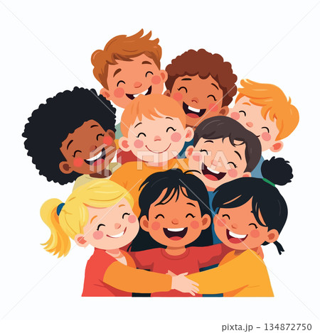 Vsai diverse happy children embracing in a group hug 134872750