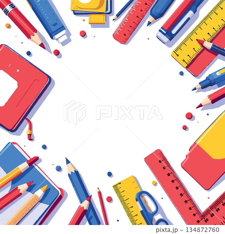 Vsai school stationery items creating a vibrant frame 134872760