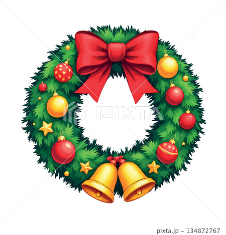Vsai christmas wreath with red bow and golden bells Vsai christmas wreath with red bow and golden bells 134872767