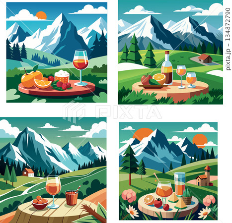 Vsai mountain picnic with drinks in summer landscape 134872790