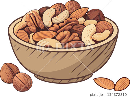 Wooden bowl overflowing with assorted nuts, pecans, walnuts, cashews, almonds, and hazelnuts Wooden bowl overflowing with assorted nuts, pecans, walnuts, cashews, almonds, and hazelnuts 134872810