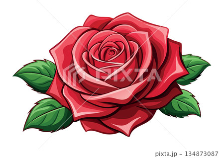 Red rose blooming with green leaves illustration 134873087