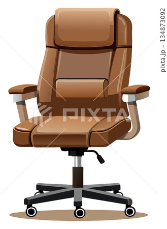 Brown leather office chair sitting on wheels with bookshelf- 134873092