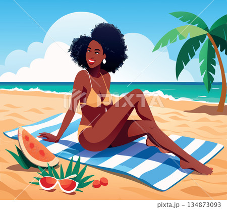 Young woman relaxing on the beach with watermelon- 134873093