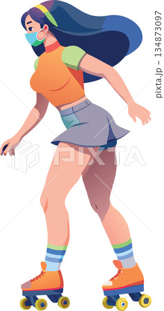 Young woman wearing protective face mask roller skating 134873097