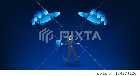 Artificial Intelligence Control Business Concept with Robot Hand Manipulating Businessman Like a Puppet, AI Dominance, Automation Power, Corporate Technology Control, Future Business Ethics 134873120