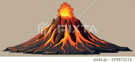 Volcano erupting with molten lava rocks and smoke exploding from its crater 134873213