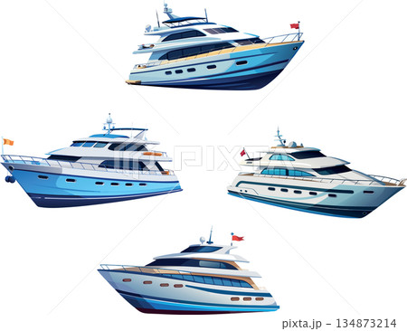 Four modern luxury yachts floating on water surface Four modern luxury yachts floating on water surface 134873214