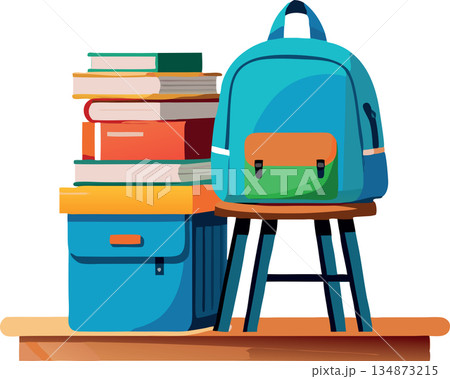 Blue backpack standing near stack of books on wooden stool Blue backpack standing near stack of books on wooden stool 134873215