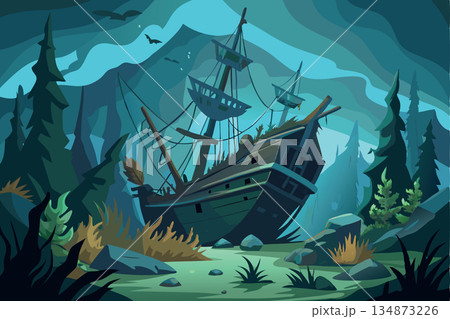 Old wooden ship sinking in swamp at night with green sky- 134873226