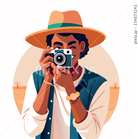 Young male photographer taking pictures with retro camera- 134873241