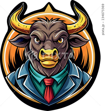 Powerful bull businessman wearing suit and tie looking serious 134873369