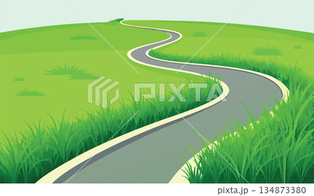 Winding road through green fields leading to the horizon- Winding road through green fields leading to the horizon- 134873380