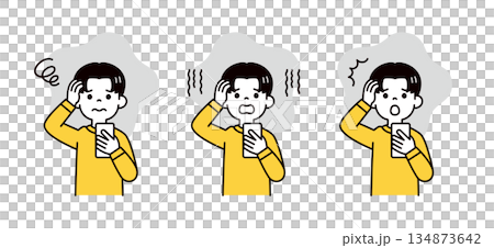 一組向量插圖素材，描繪了青少年男性和學生在查看智慧型手機時表現出的困惑、沮喪和驚訝的神情。 134873642