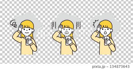 スマートフォンを見て、困る・落ち込む・驚く10代の女性・学生のベクターイラスト素材セット スマートフォンを見て、困る・落ち込む・驚く10代の女性・学生のベクターイラスト素材セット 134873643