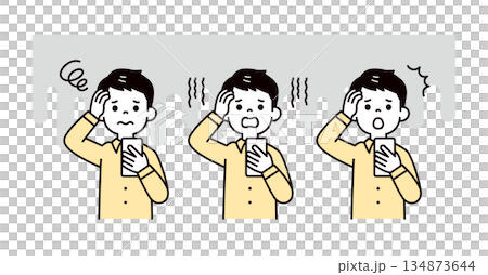 一組年輕男子/商人上半身向量插圖,他正抱著頭看著他的智慧型手機。 一組年輕男子/商人上半身向量插圖,他正抱著頭看著他的智慧型手機。 134873644