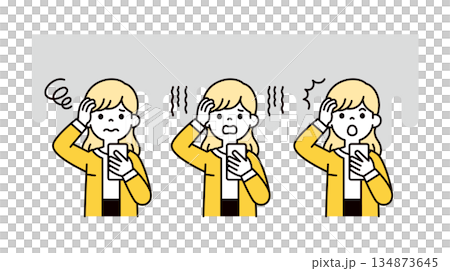 A set of upper body vector illustrations of young women, housewives, and office ladies holding their heads while looking at their smartphones 134873645