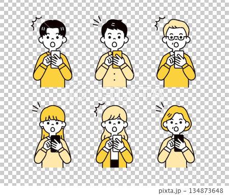 驚いた表情でスマートフォンを見る、様々な年齢の男性と女性のベクターイラスト素材セット 驚いた表情でスマートフォンを見る、様々な年齢の男性と女性のベクターイラスト素材セット 134873648