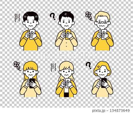 困った表情でスマートフォンを操作する、様々な年代の男性と女性のベクターイラスト素材セット 困った表情でスマートフォンを操作する、様々な年代の男性と女性のベクターイラスト素材セット 134873649