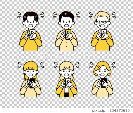焦った様子でスマートフォンを操作する、様々な年齢の男女の人物のベクターイラスト素材セット 焦った様子でスマートフォンを操作する、様々な年齢の男女の人物のベクターイラスト素材セット 134873650