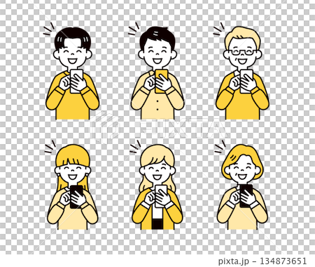 嬉しそうな表情でスマートフォンを見る、様々な年代の男性と女性のベクターイラスト素材セット 嬉しそうな表情でスマートフォンを見る、様々な年代の男性と女性のベクターイラスト素材セット 134873651
